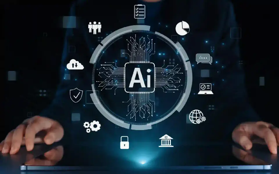 AI-powered marketing dashboard with analytics charts, automation icons, and digital business interface representing modern AI-driven marketing concepts