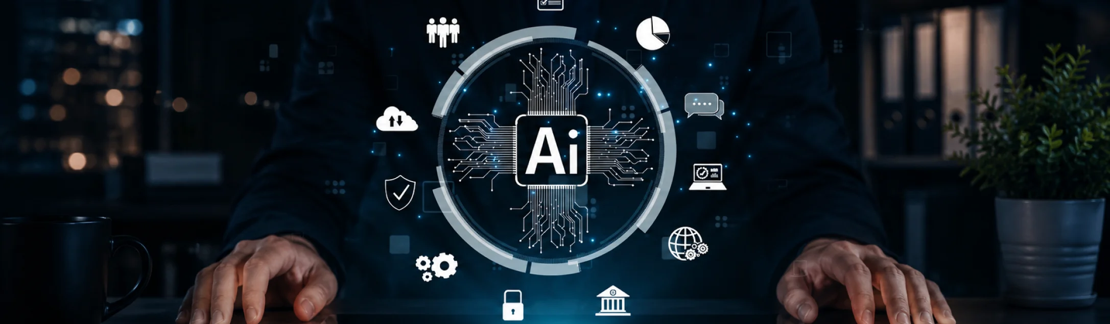 AI-powered marketing dashboard with analytics charts, automation icons, and digital business interface representing modern AI-driven marketing concepts