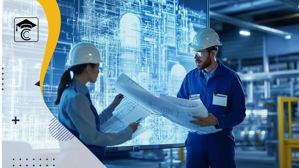 Engineers in a manufacturing facility analyzing blueprints with digital engineering interface, representing technical professionals planning operations and management transition