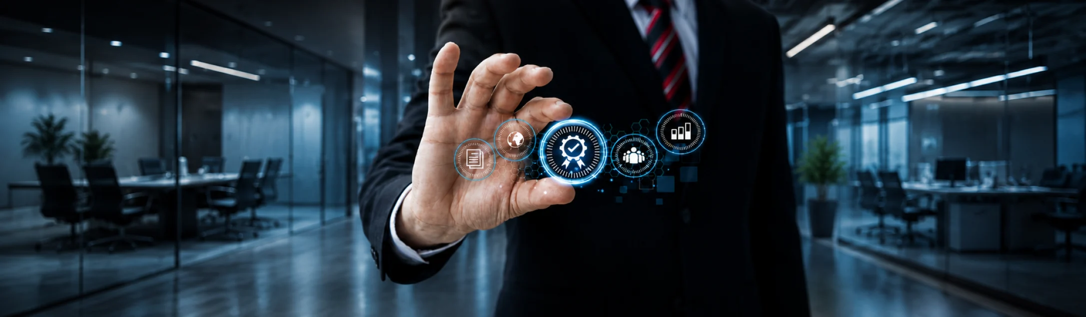 Business professional managing digital workflow and certification process with virtual icons representing online MBA specialisations, operations management, and career advancement.