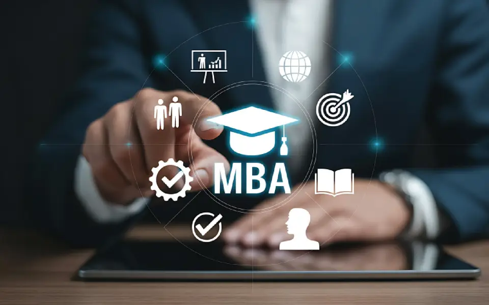 Is online MBA worth it in India concept showing MBA graduation icon with digital business, career growth, and leadership symbols on screen