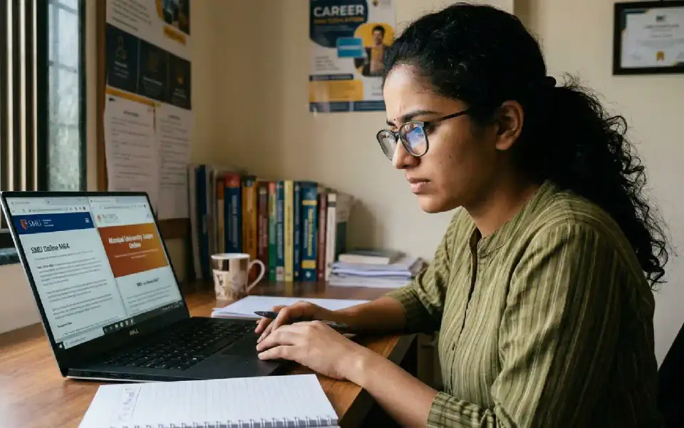Student comparing SMU Online MBA and Manipal Jaipur Online MBA programs on laptop while studying from home workspace