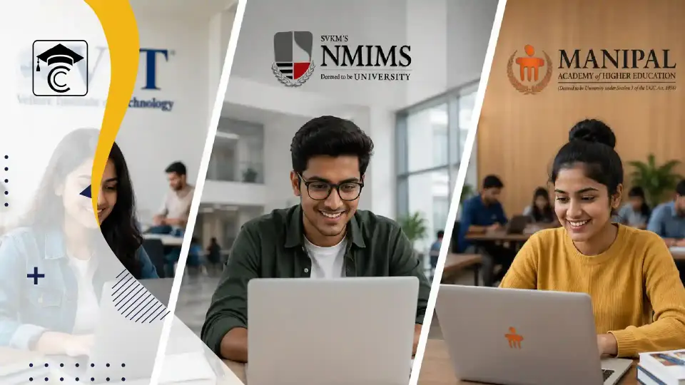 Students using laptops for online MBA studies with VIT, NMIMS, and Manipal University logos representing online MBA comparison in India