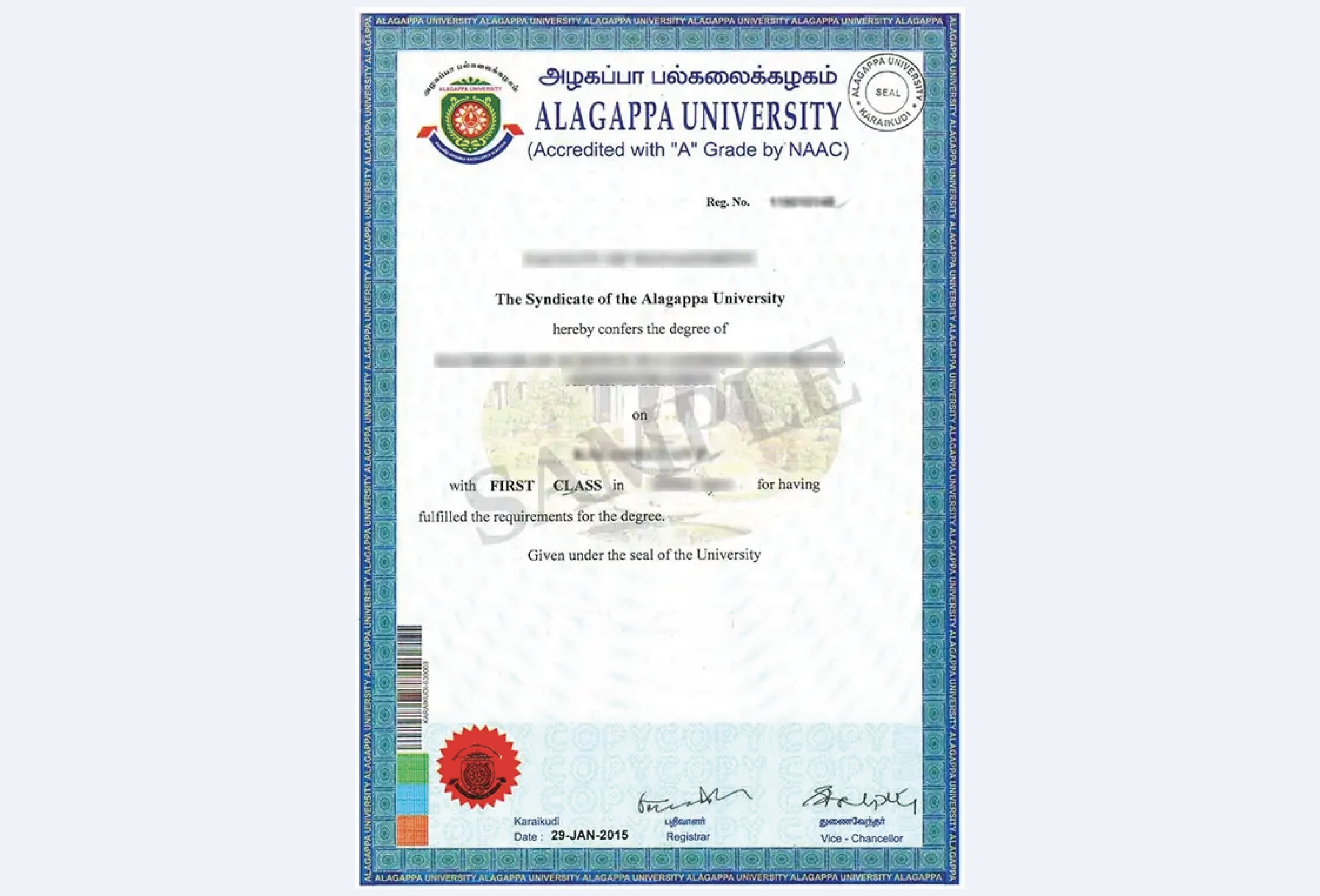 Alagappa University online degree certificate showcasing accreditation and quality assurance for distance learners