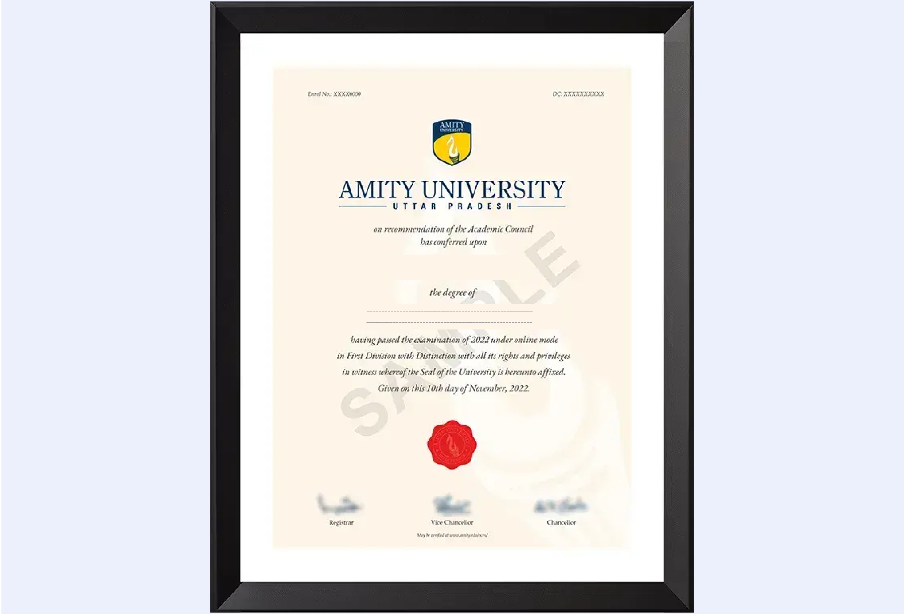 Official certificate layout for Amity Online MBA in Global Finance Market with clean borders, clear text, and a formal seal.