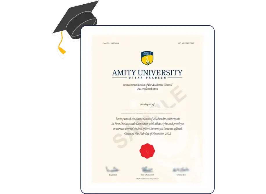 Official certificate layout for Amity Online MBA in Human Resource Management with formal borders, seal, and clean formatting.
