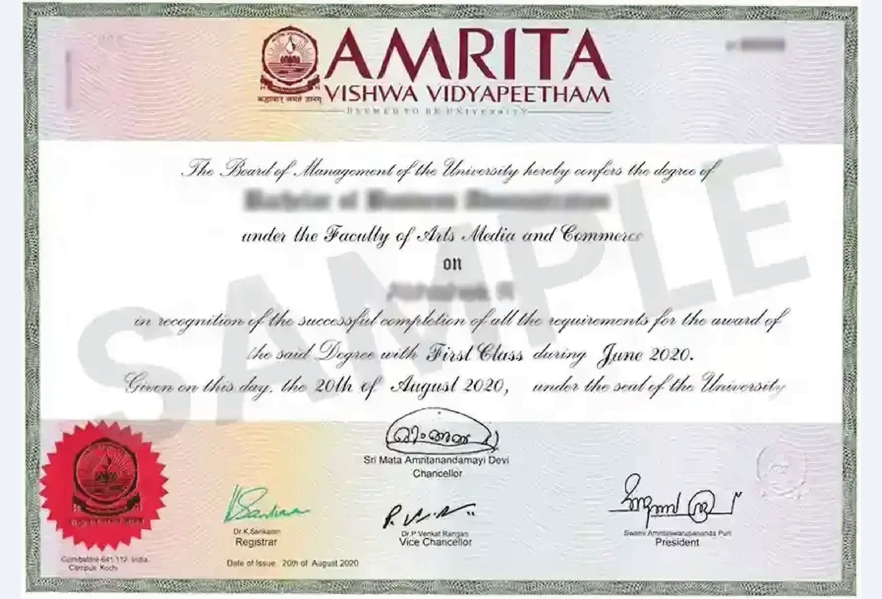 Official certificate for Amrita University Online MCA with university seal, signature lines and completion details