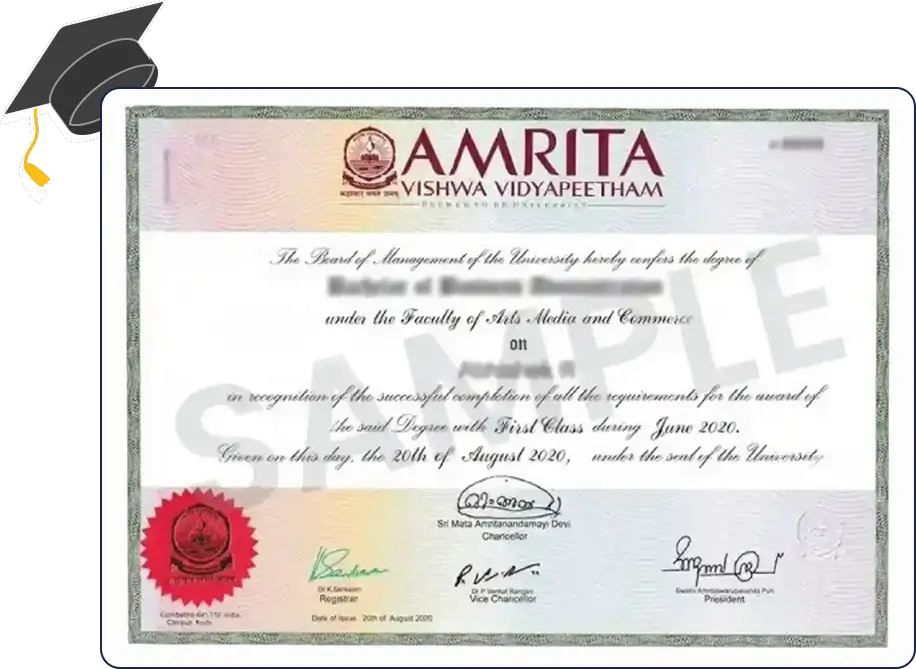 Official certificate for Amrita University Online BBA in Data Analytics with layout, university seal and signature lines