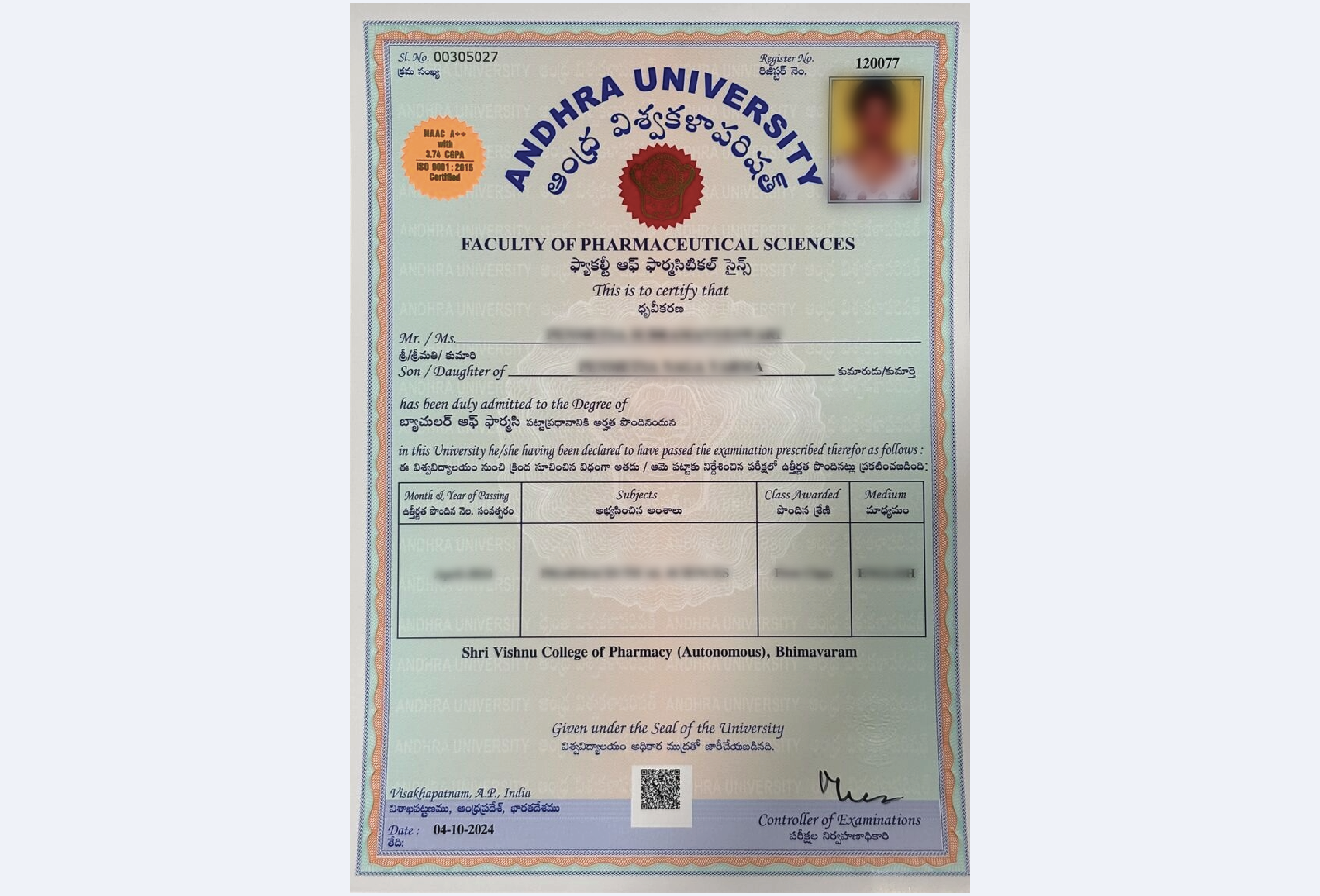 Official-style certificate for Andhra University Online MA in Human Resource Management with clean borders and formal layout