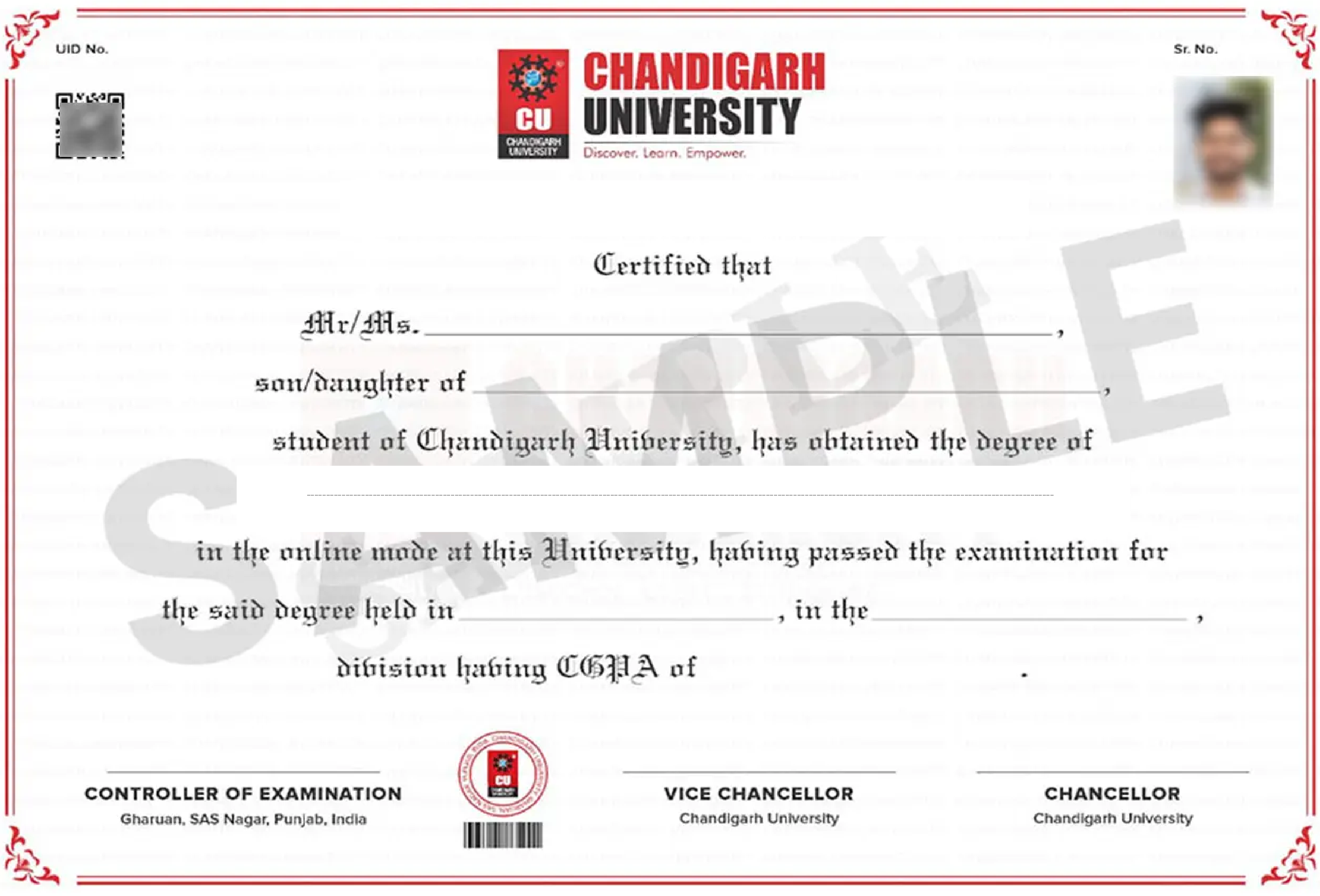 Official certificate layout featuring Chandigarh MBA in Finance syllabus completion with neat borders and a clean