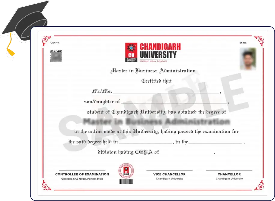 Official certificate layout for Chandigarh Online MBA in Digital Marketing with clean borders, formal typography