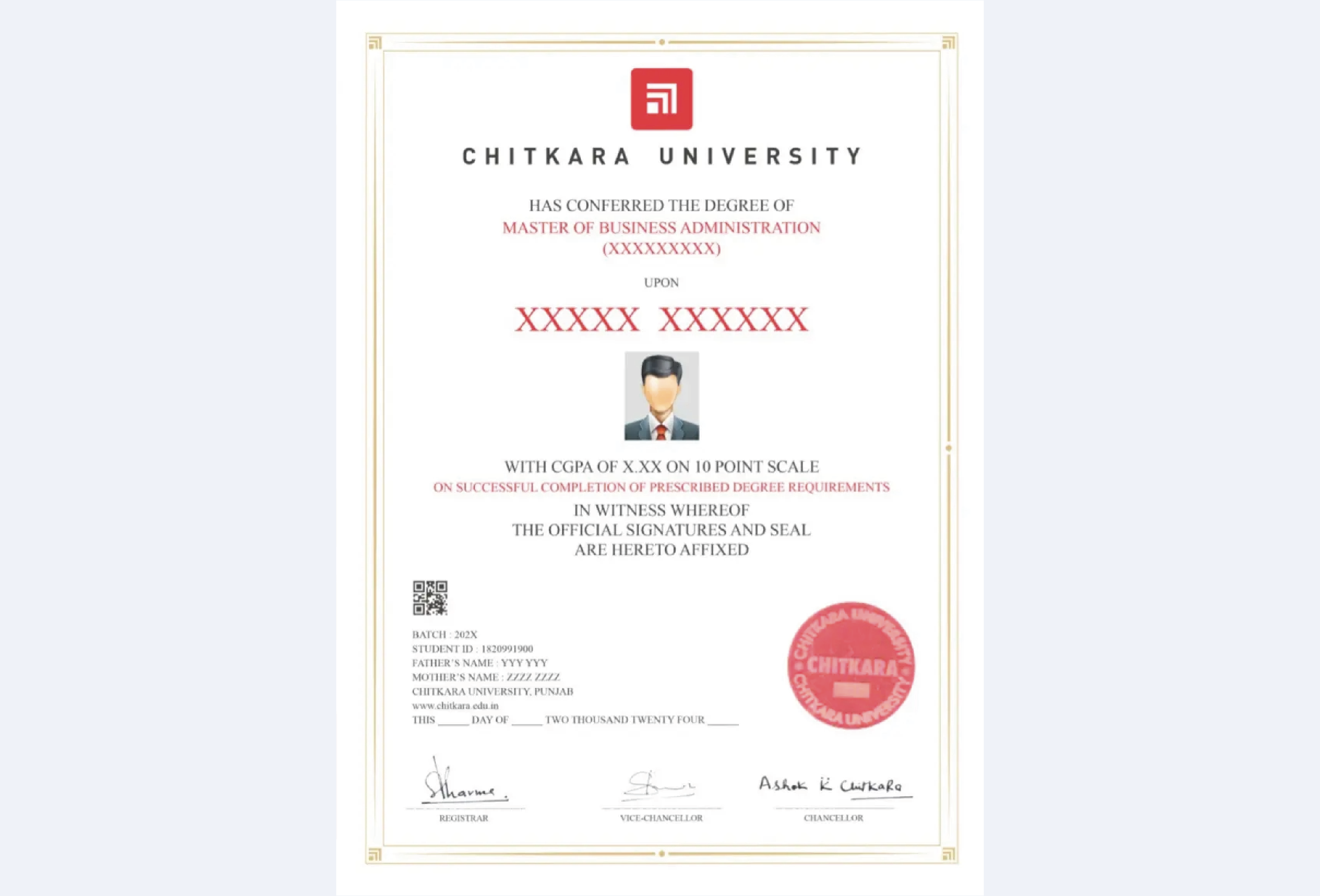 Official certificate layout for Chitkara University Online MBA in Finance featuring clean borders, formal typography
