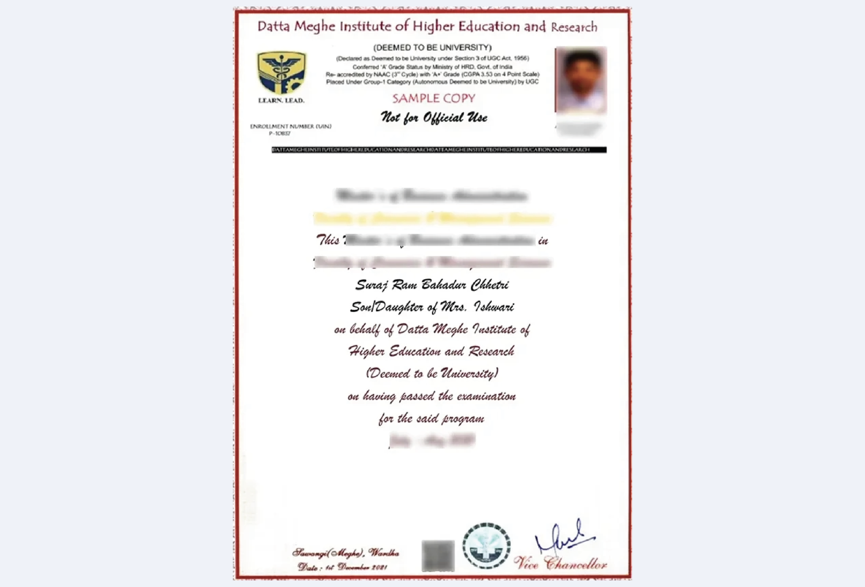 Certificate for Datta Meghe Online MBA in Human Resource Management, clean and professional design
