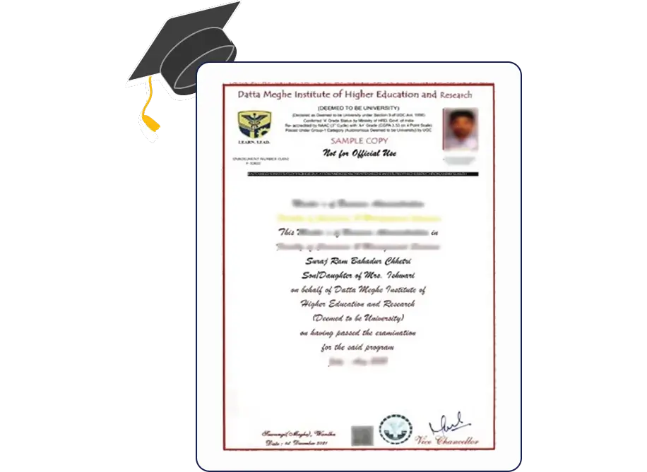 Certificate for Datta Meghe Online MCA (Master of Computer Applications), clean professional design