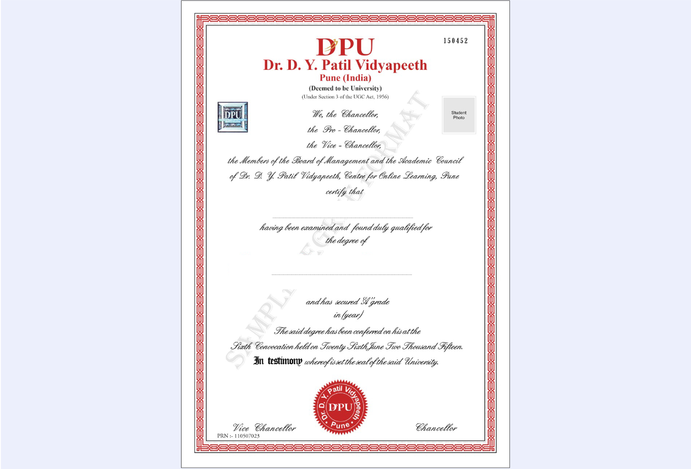 Official certificate layout for the DPU Online MBA in Project Management with professional, and neatly formatted design