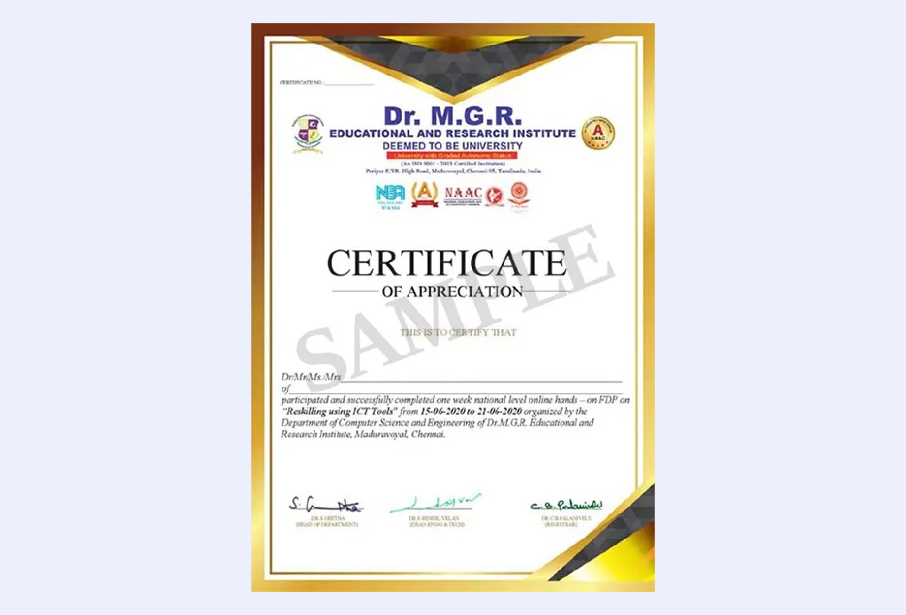 NAAC Certificate of Accreditation awarded to Dr. MGR University with A+ grade