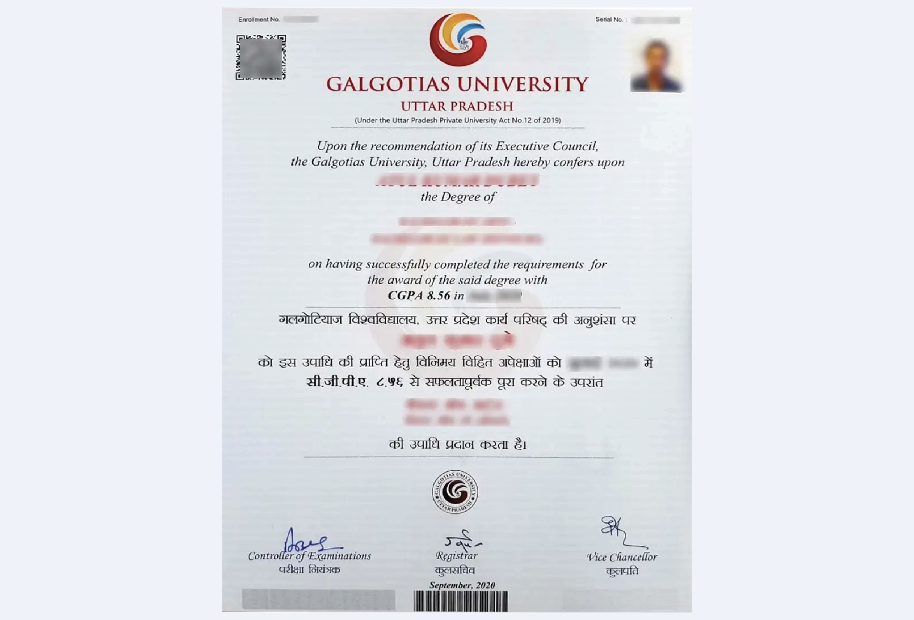 Official certificate for Galgotias University Online MBA in Finance Management with formal layout and clear academic styling