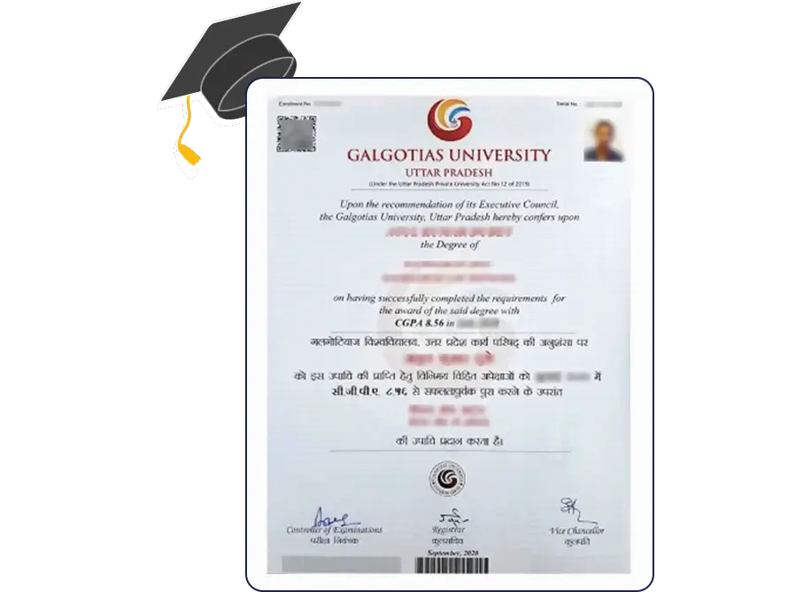 Official certificate of Galgotias University Online MCom with formal layout, institutional seal space and clean academic styling