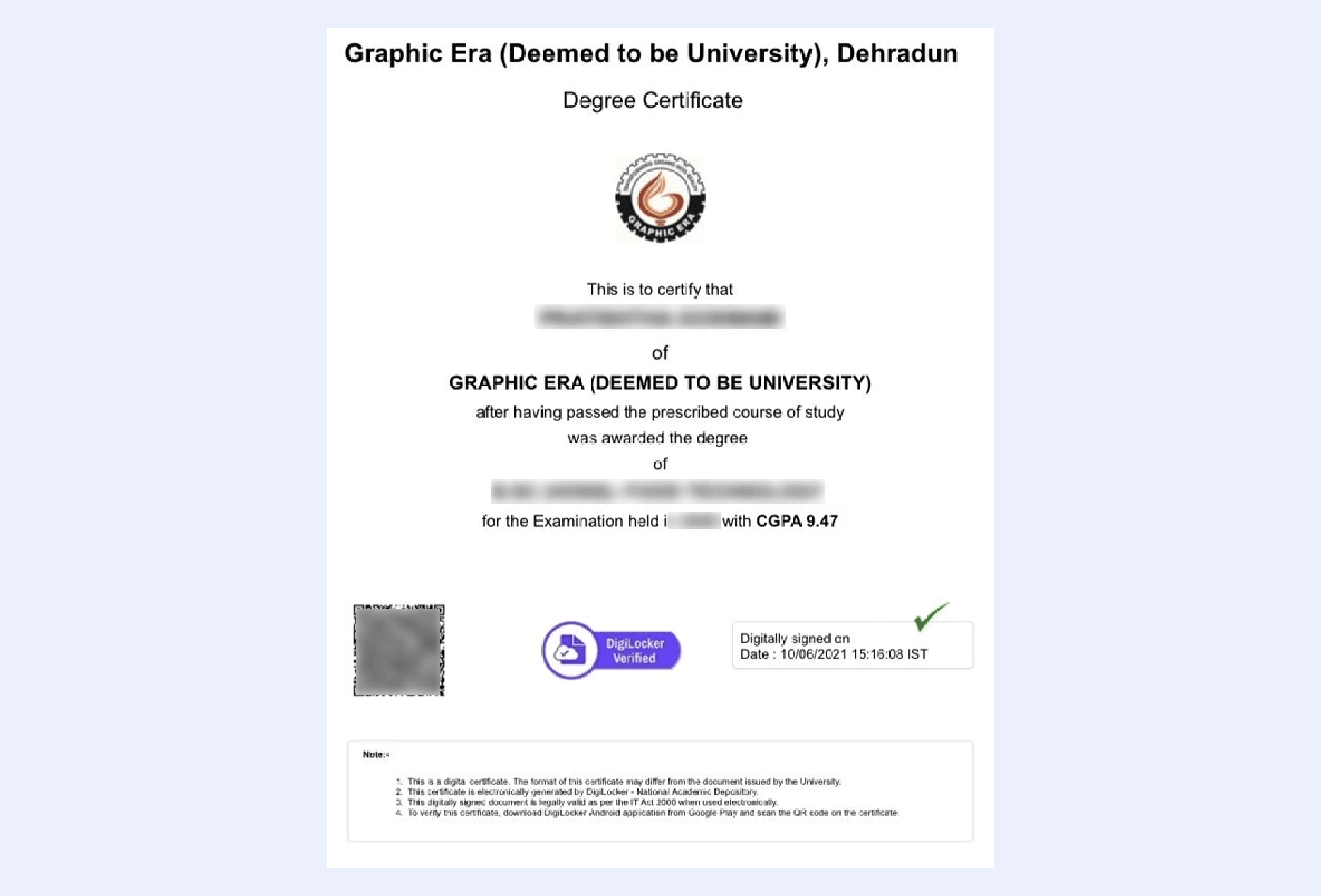 Graphic Era University certificate from GraphicEra event showcasing official recognition design and seal with crest