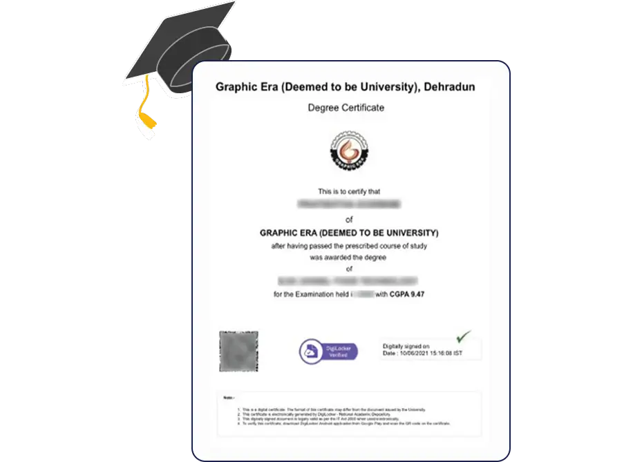 Graphic Era University certificate from GraphicEra event showcasing official recognition design and seal with crest