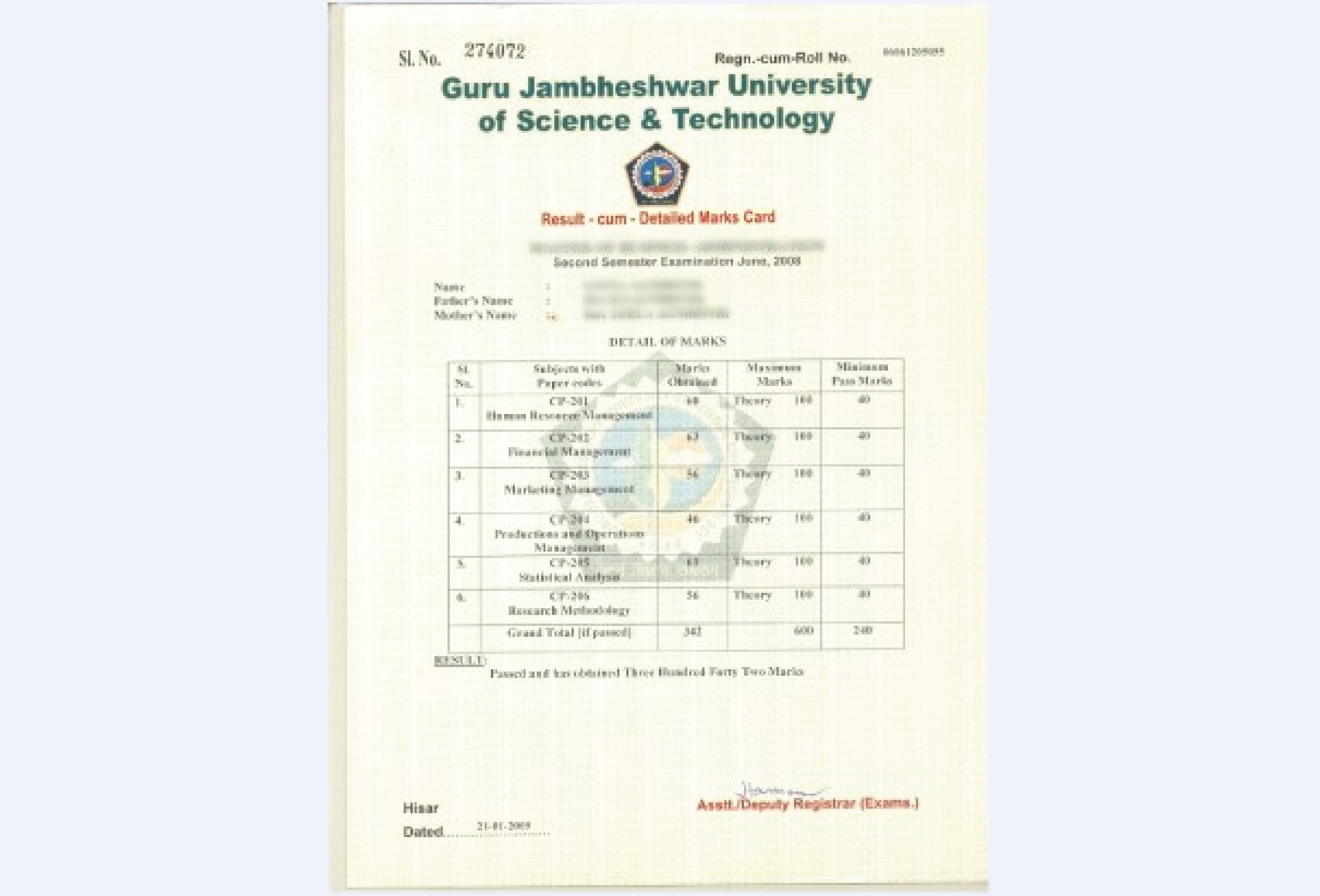 Official certificate for Guru Jambheshwar University Online MBA in Marketing Management with neat formal layout
