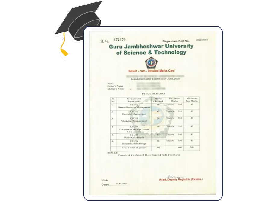 Official certificate for Guru Jambheshwar University Online MBA in Marketing Management with neat formal layout