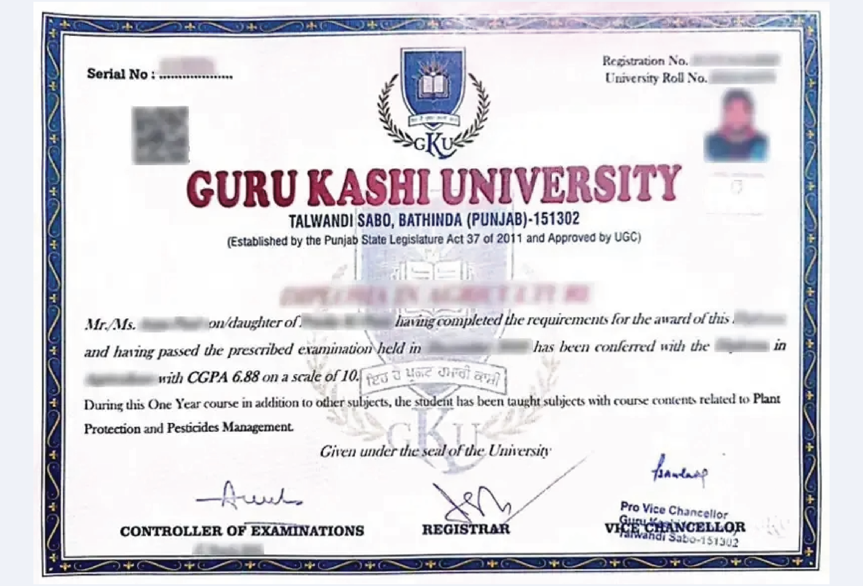Neat certificate image for Guru Kashi University Online MA in Hindi showing crisp border, logo