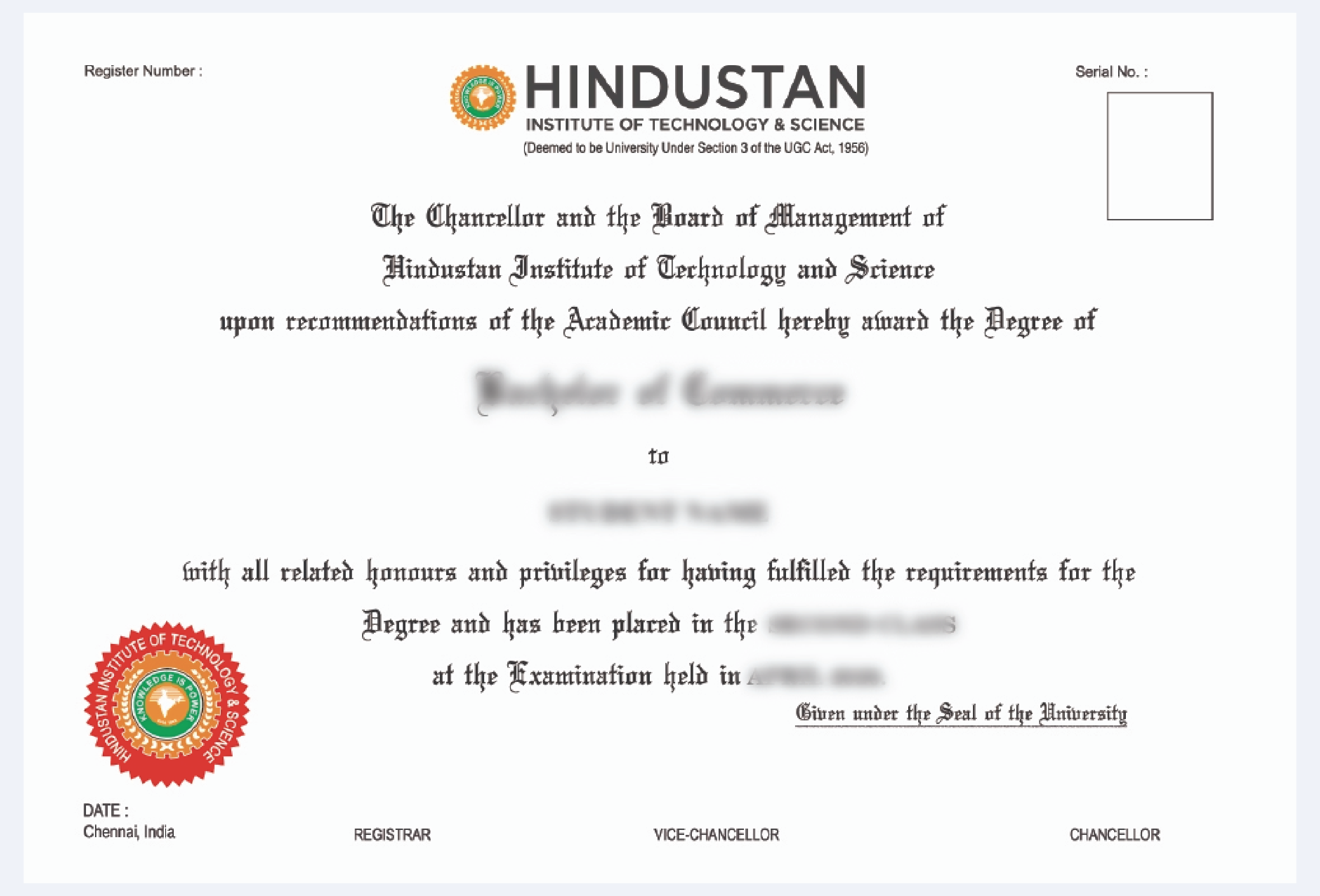 Hindustan University online degree certificate showcases accreditation, credibility & quality assurance for learners