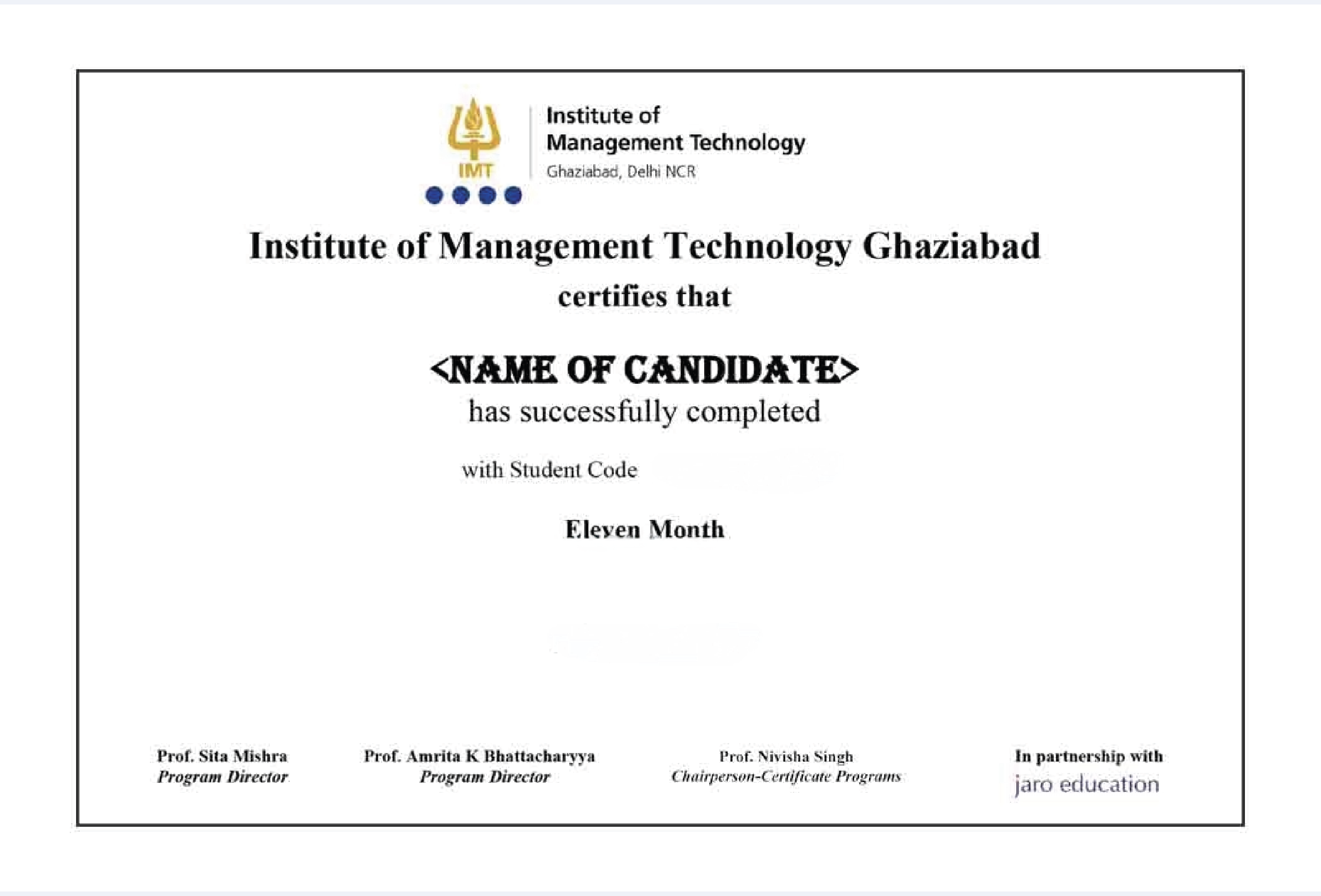 Official certificate layout for IMT Ghaziabad Online Executive PGDM Operations with a neat, formal, and professional design