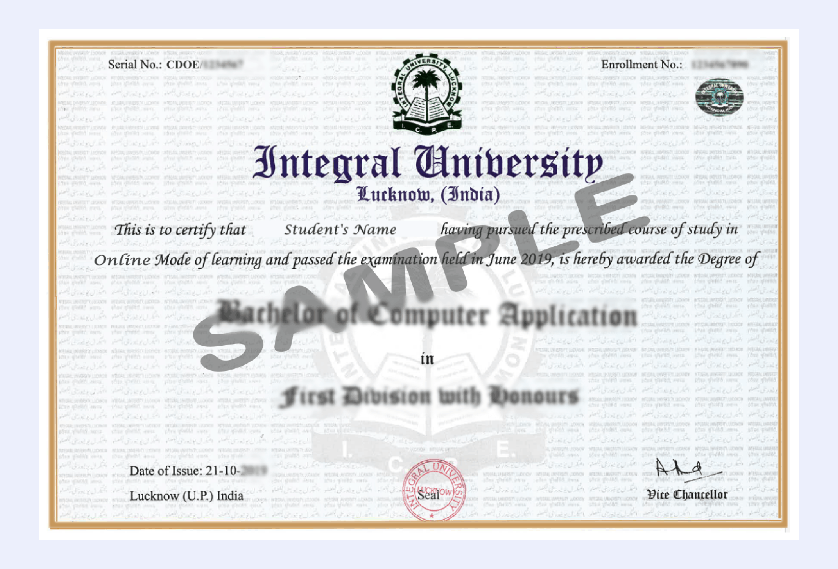 Official certificate issued by Integral University recognizing academic achievement and completion