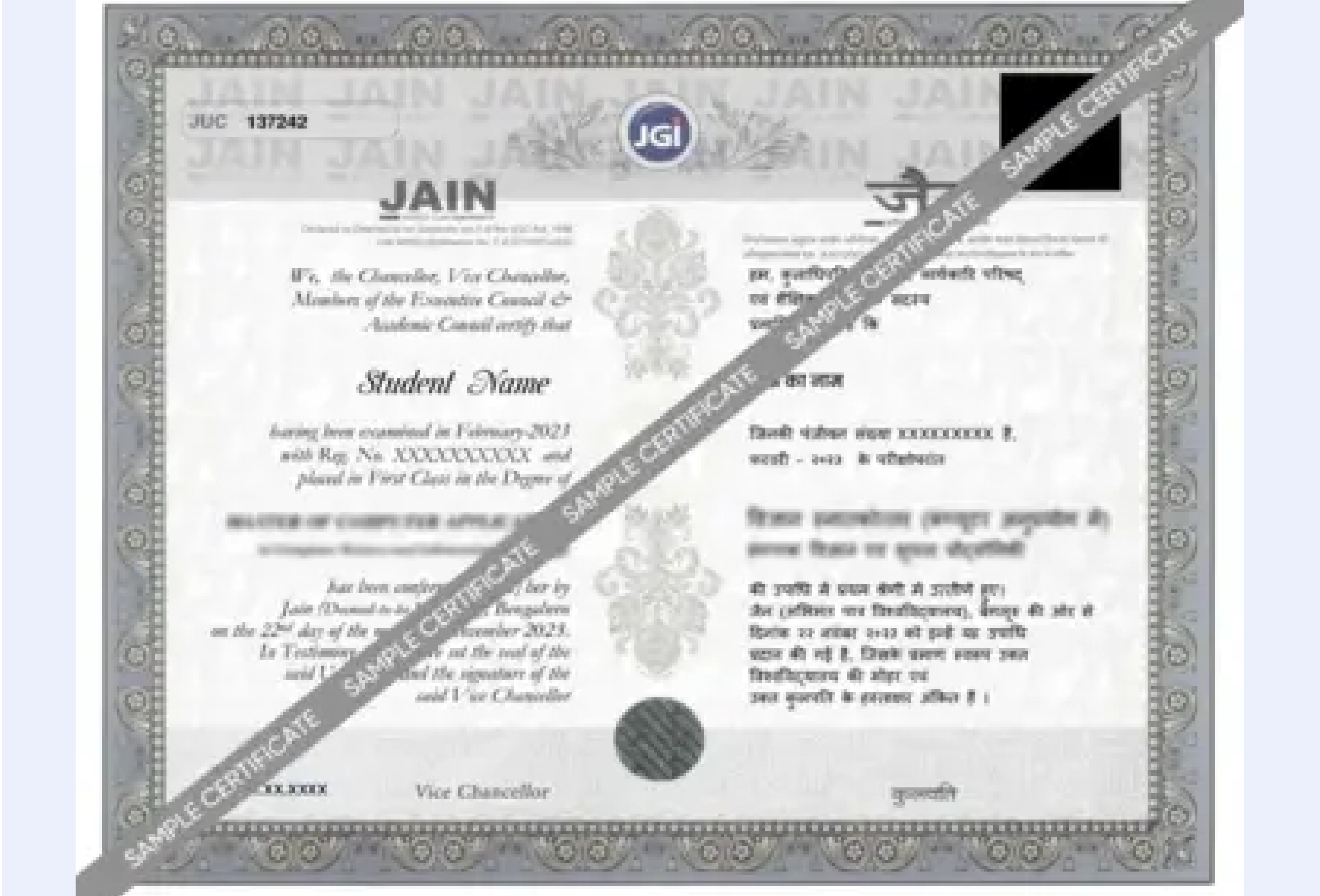 Official certificate for Jain Online MBA in Project Management with formal border, university seal and clean structure design