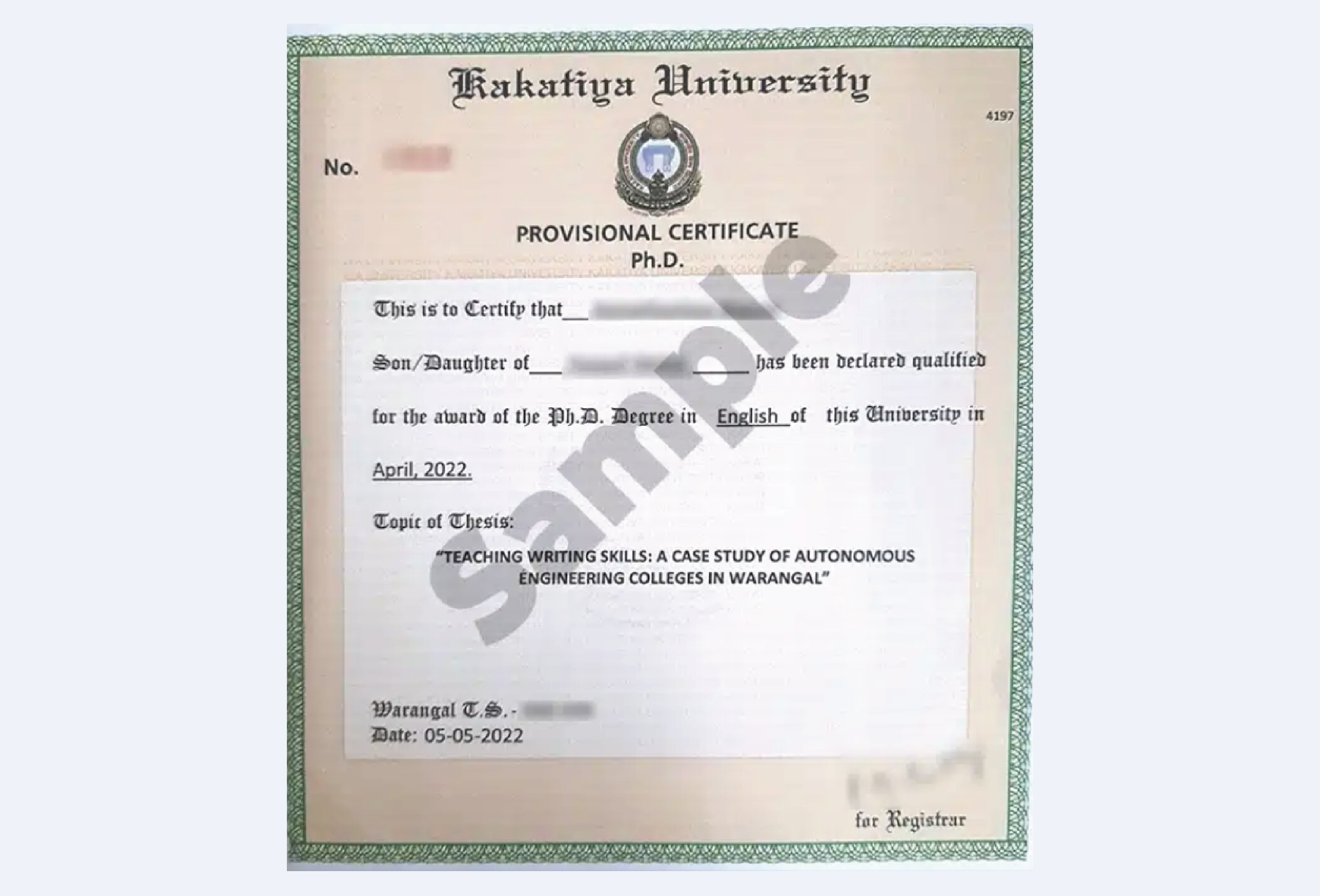 Official certificate design for Kakatiya University Online Diploma in Development Communication with clean formatting