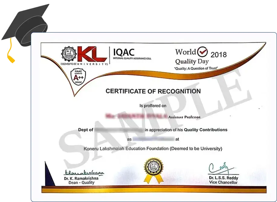 Official certificate image of KL University Online MBA in Data Science with clean borders, seal, and structured text design.