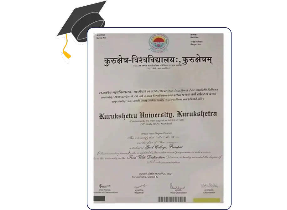 Official certificate layout for Kurukshetra University Online MCom with university seal, signatures and formal academic design