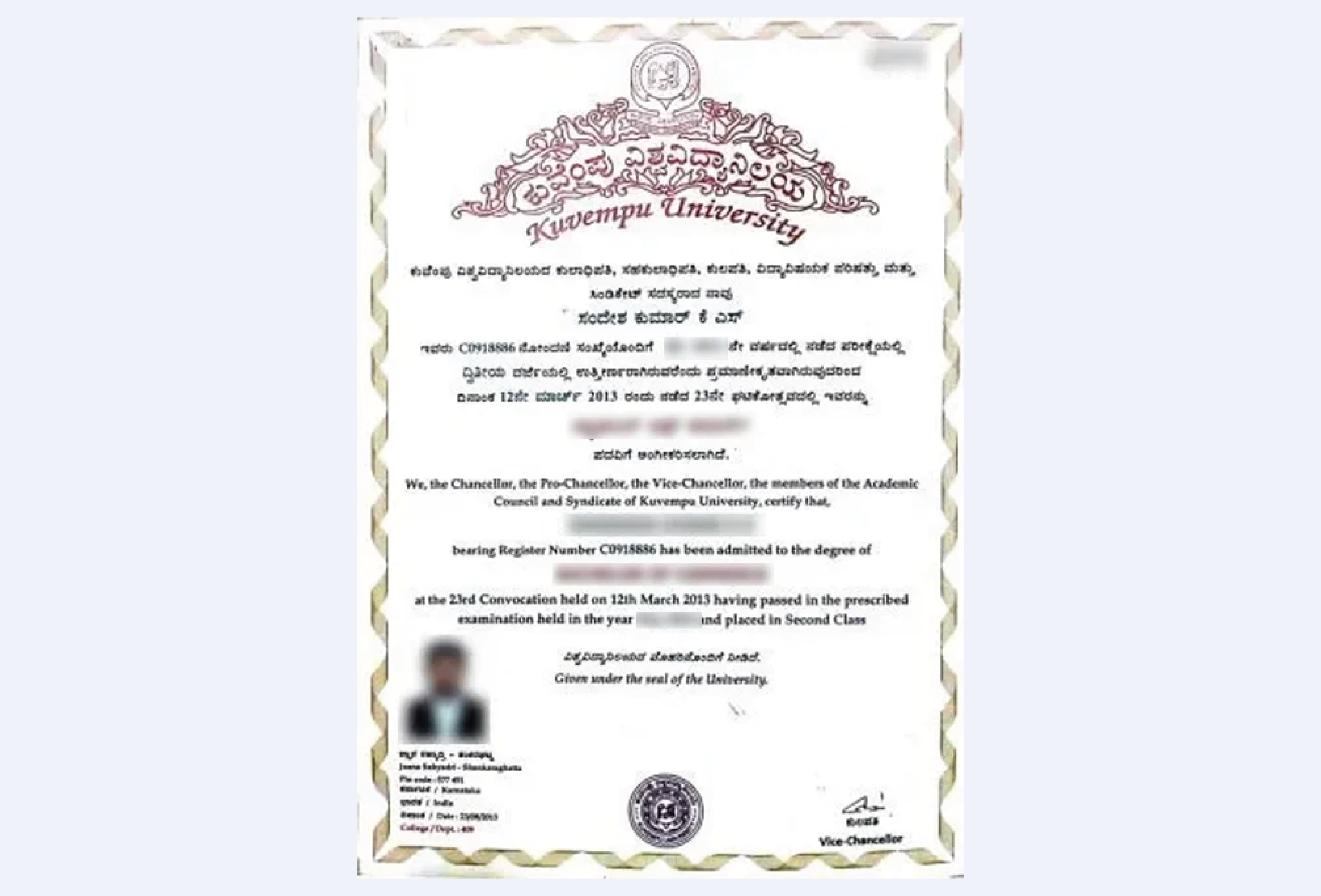 Official certificate layout for Kuvempu University Online PG in Chemistry with clean borders, formal typography