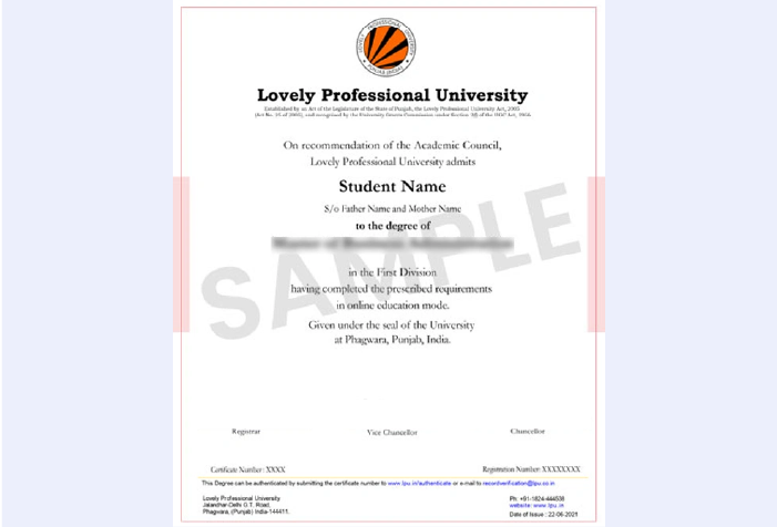 Official certificate image of LP University Online MBA in Data Science with formal, and clearly structured academic design