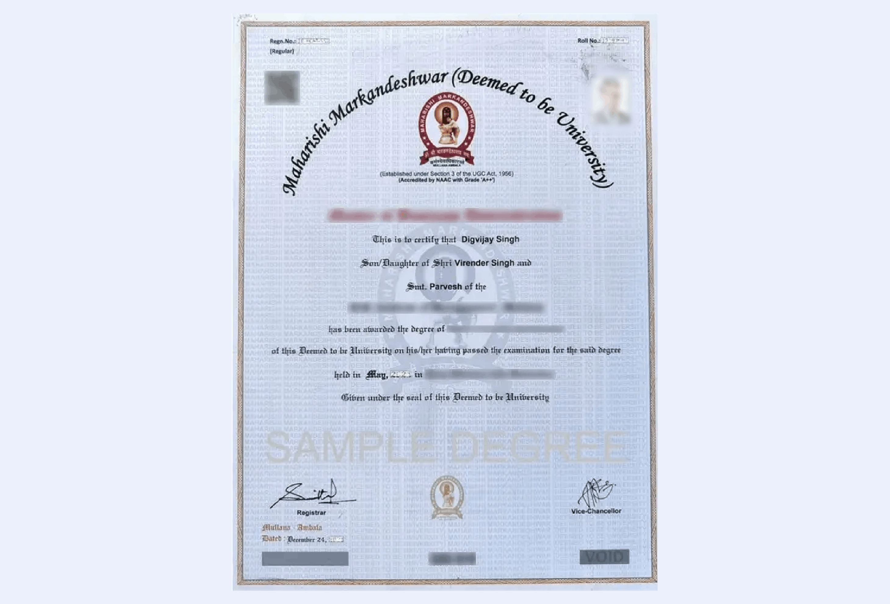Maharishi Markandeshwar University NAAC A++ accredited certificate banner showcasing excellence