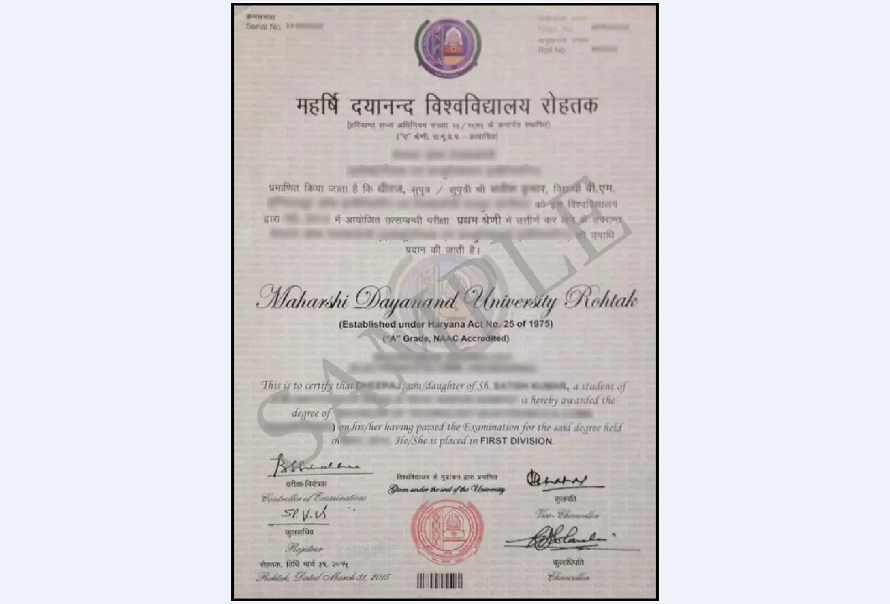 Official-style certificate layout for Maharshi Dayanand University Online MCom featuring neat borders, clean fonts, and a formal design