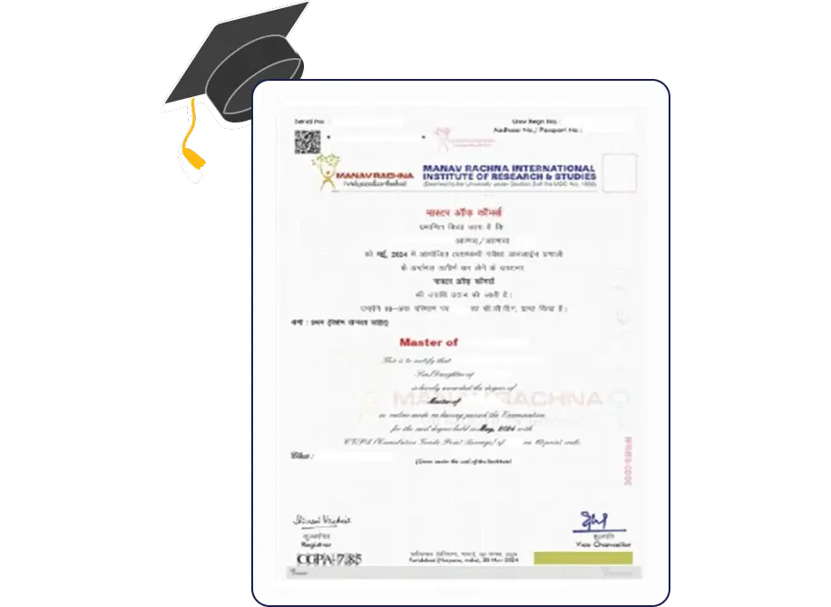 Official certificate layout for Manav Rachna University Online B.Com program with a clean, professional design