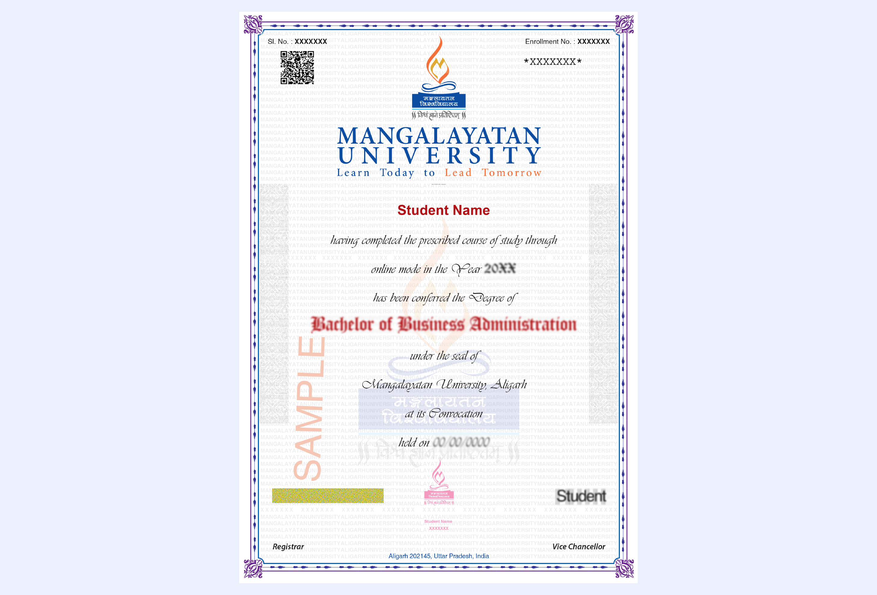 Certificate issued by Mangalayatan University displaying official academic recognition with institutional logos and signatures