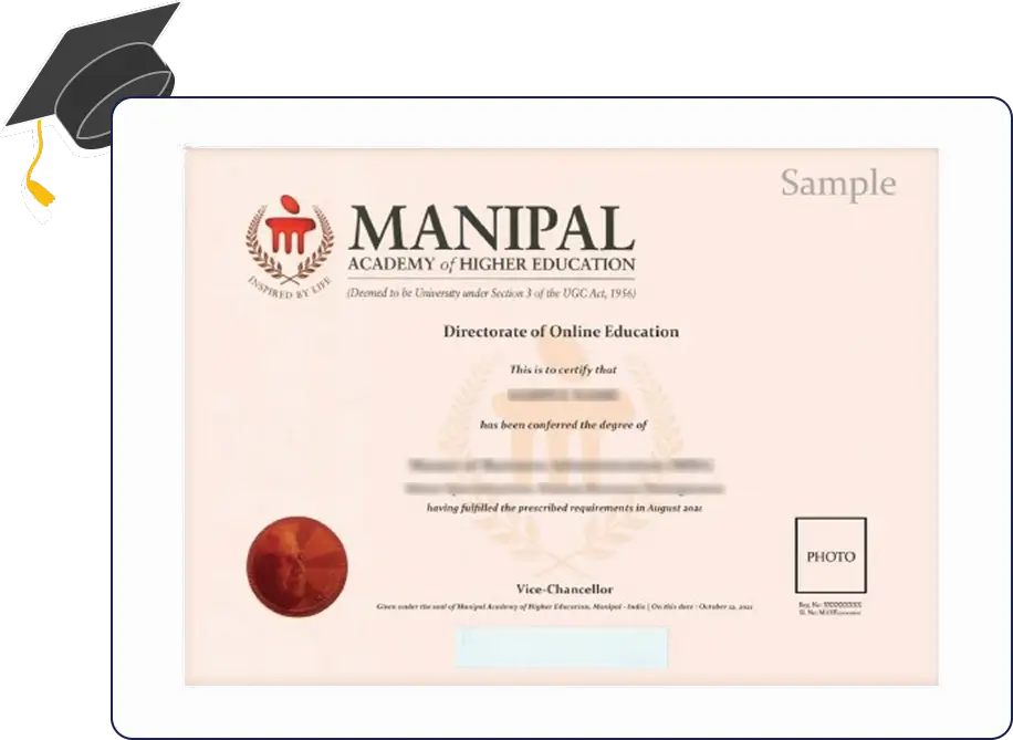 Official certificate layout for Manipal University Online MBA in IT and FinTech Management with program title and border