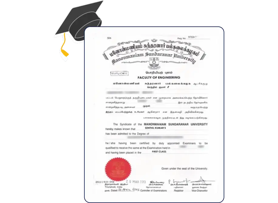 Official certificate layout for Manonmaniam Sundaranar University Online MA in History with program title and graduate name field