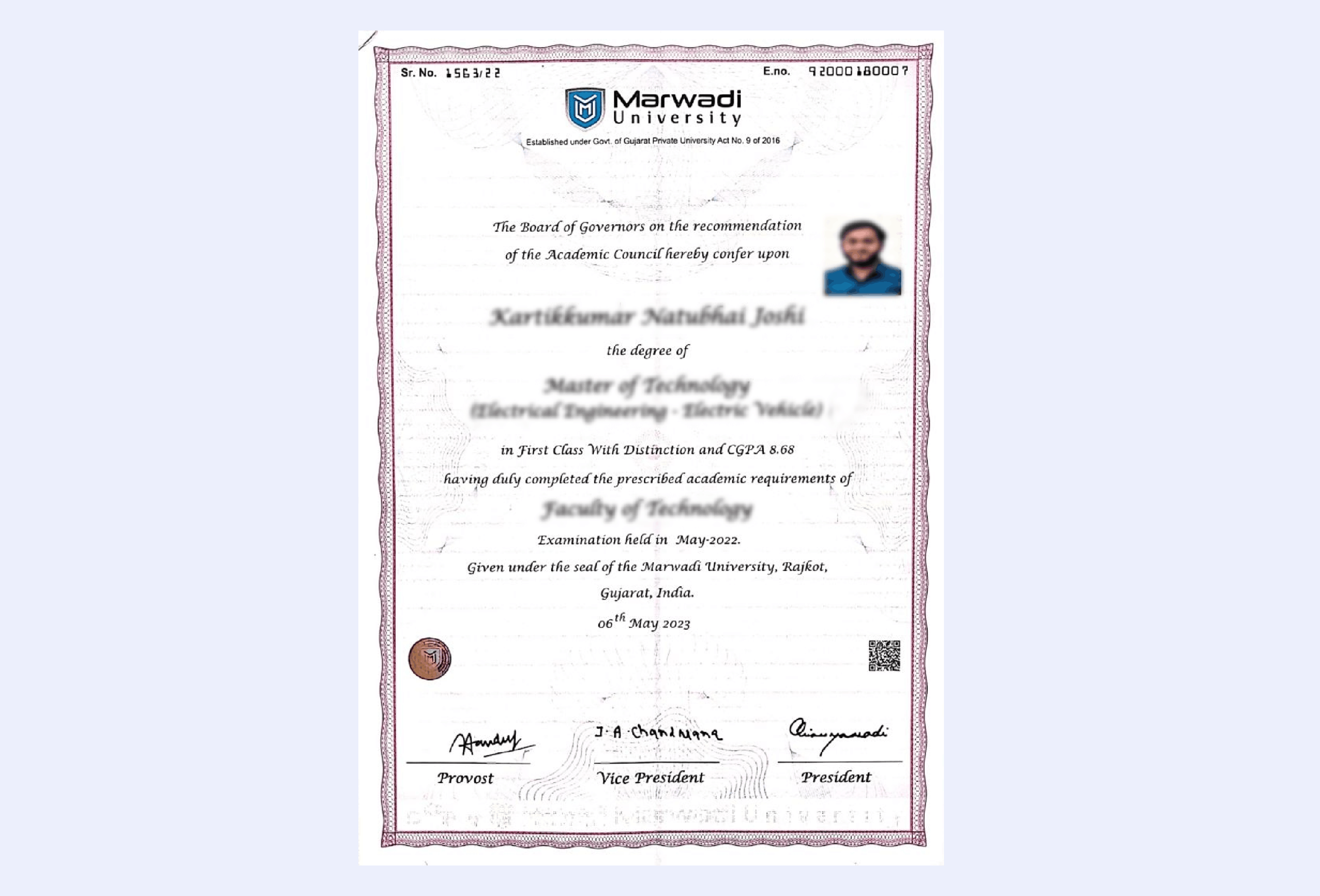 Official certificate issued by Marwadi University recognizing academic achievement and completion