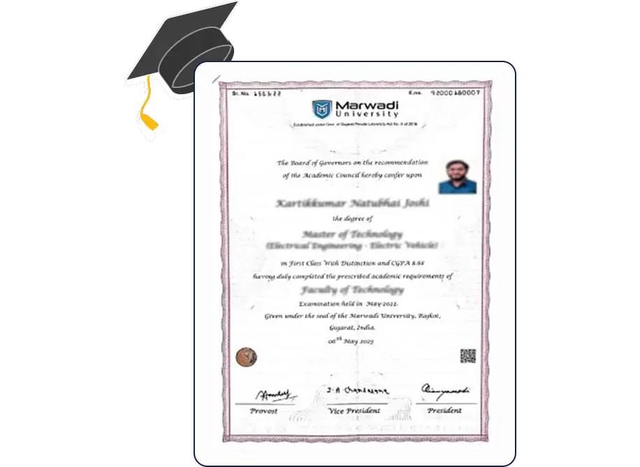 Official certificate issued by Marwadi University recognizing academic achievement and completion