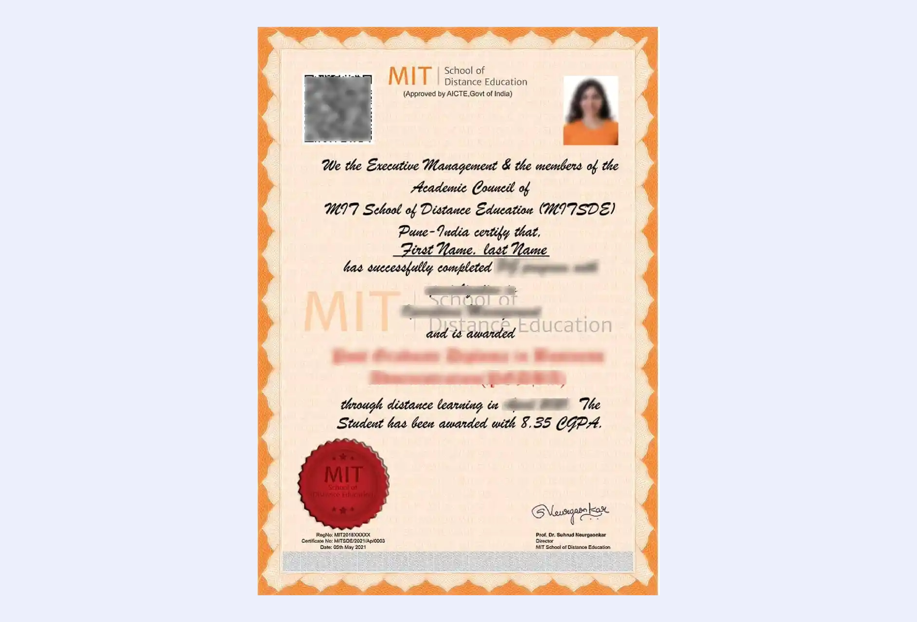 Official certificate issued by MIT SDE  University recognizing academic achievement and completion