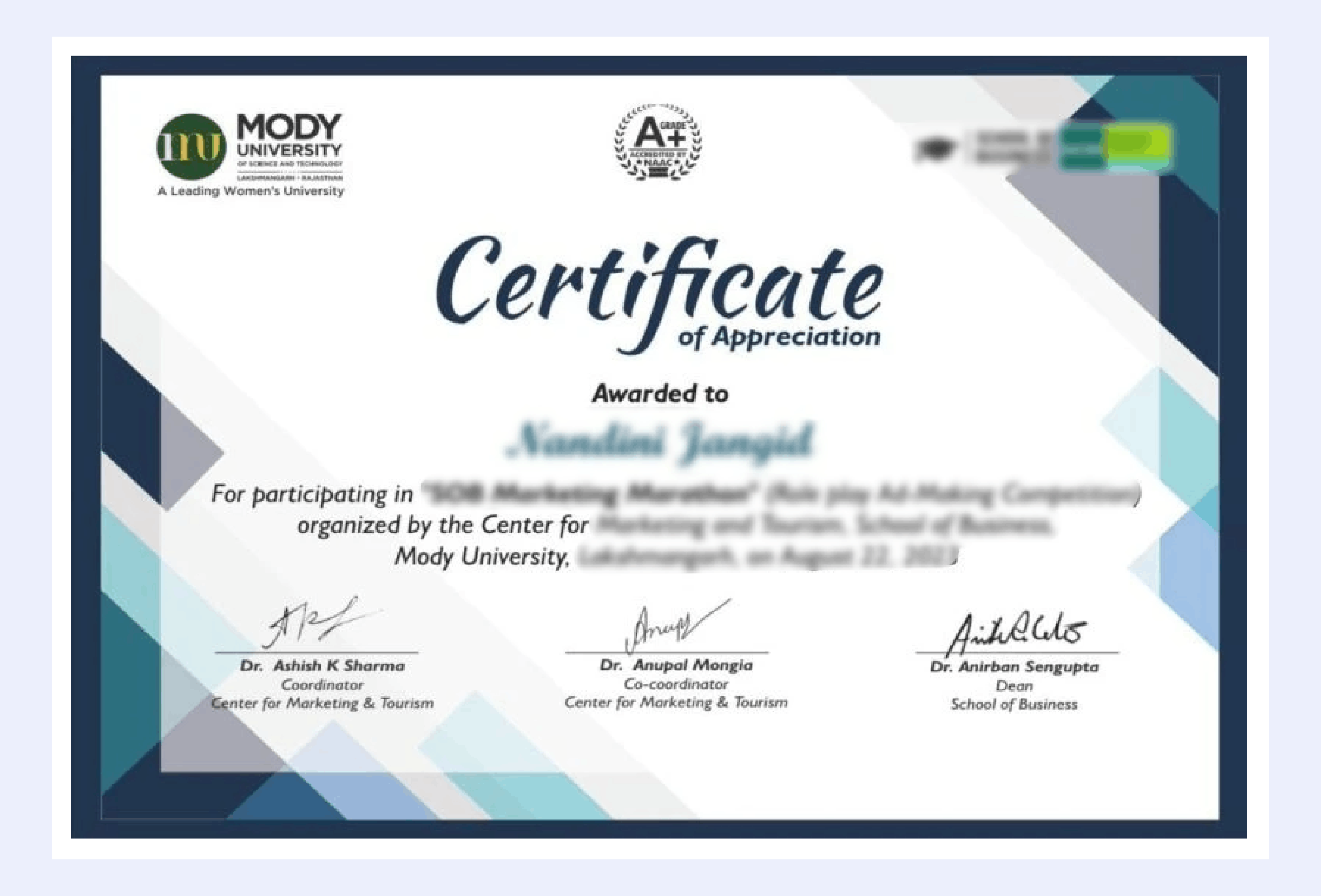 Official certificate issued by Mody University recognizing academic achievement and completion