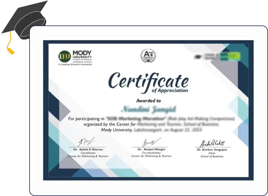 Official certificate issued by Mody University recognizing academic achievement and completion