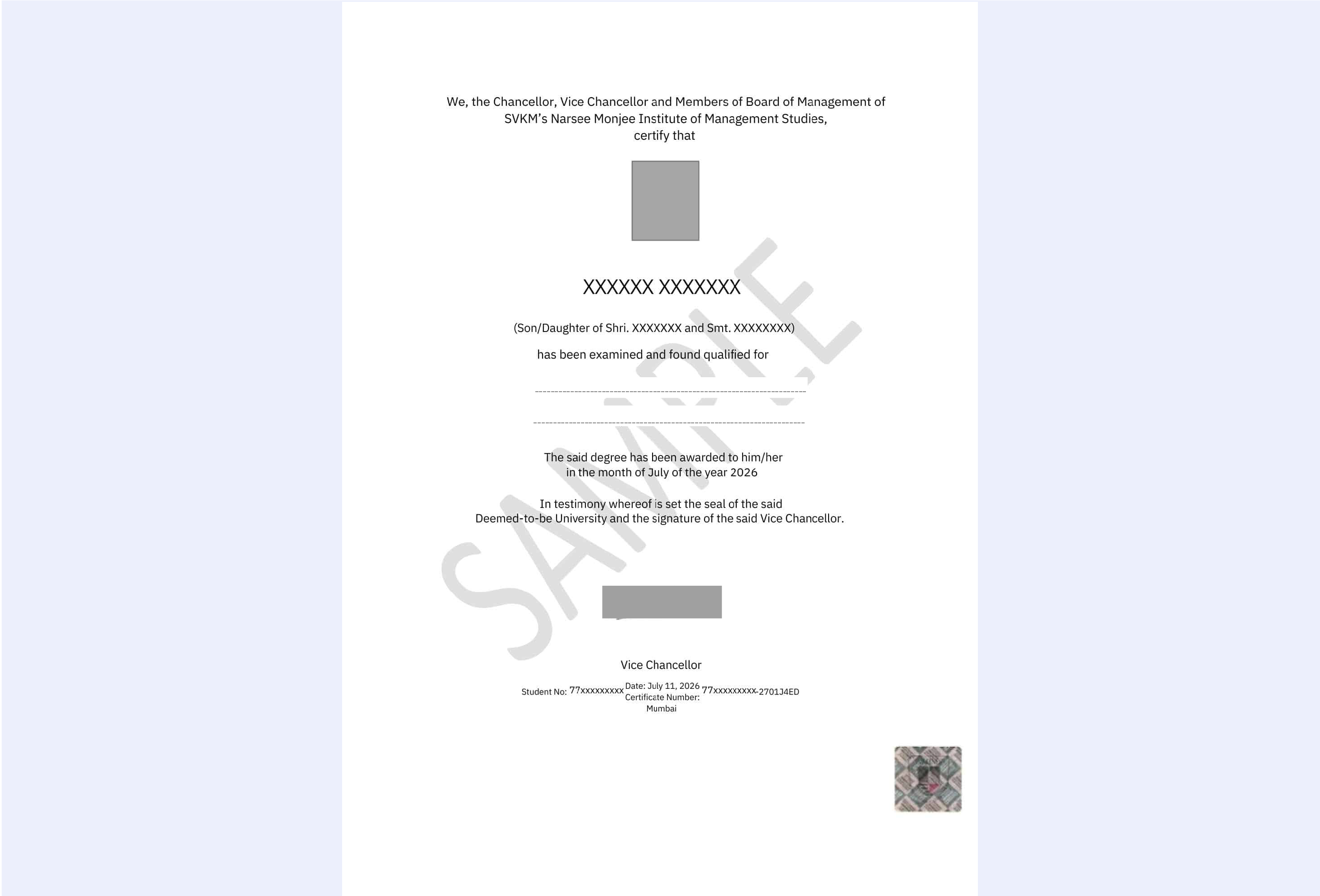 Official degree certificate for the NMIMS online B.Com degree program, showing seals and formal typography.