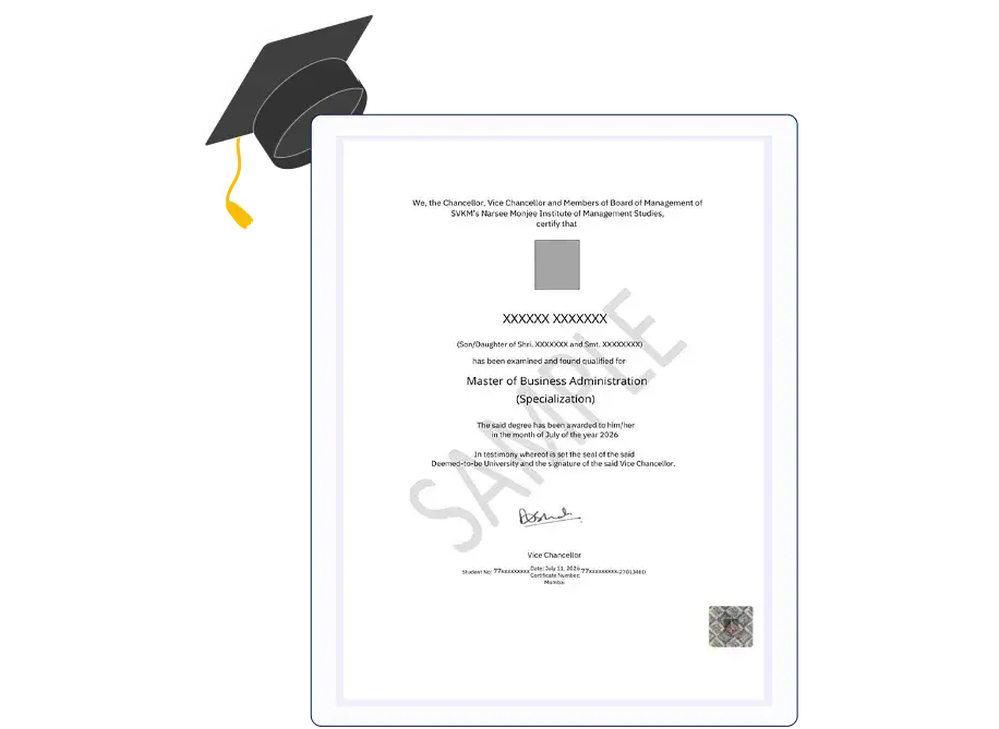 Official degree certificate for the NMIMS online B.Com degree program, showing seals and formal typography.