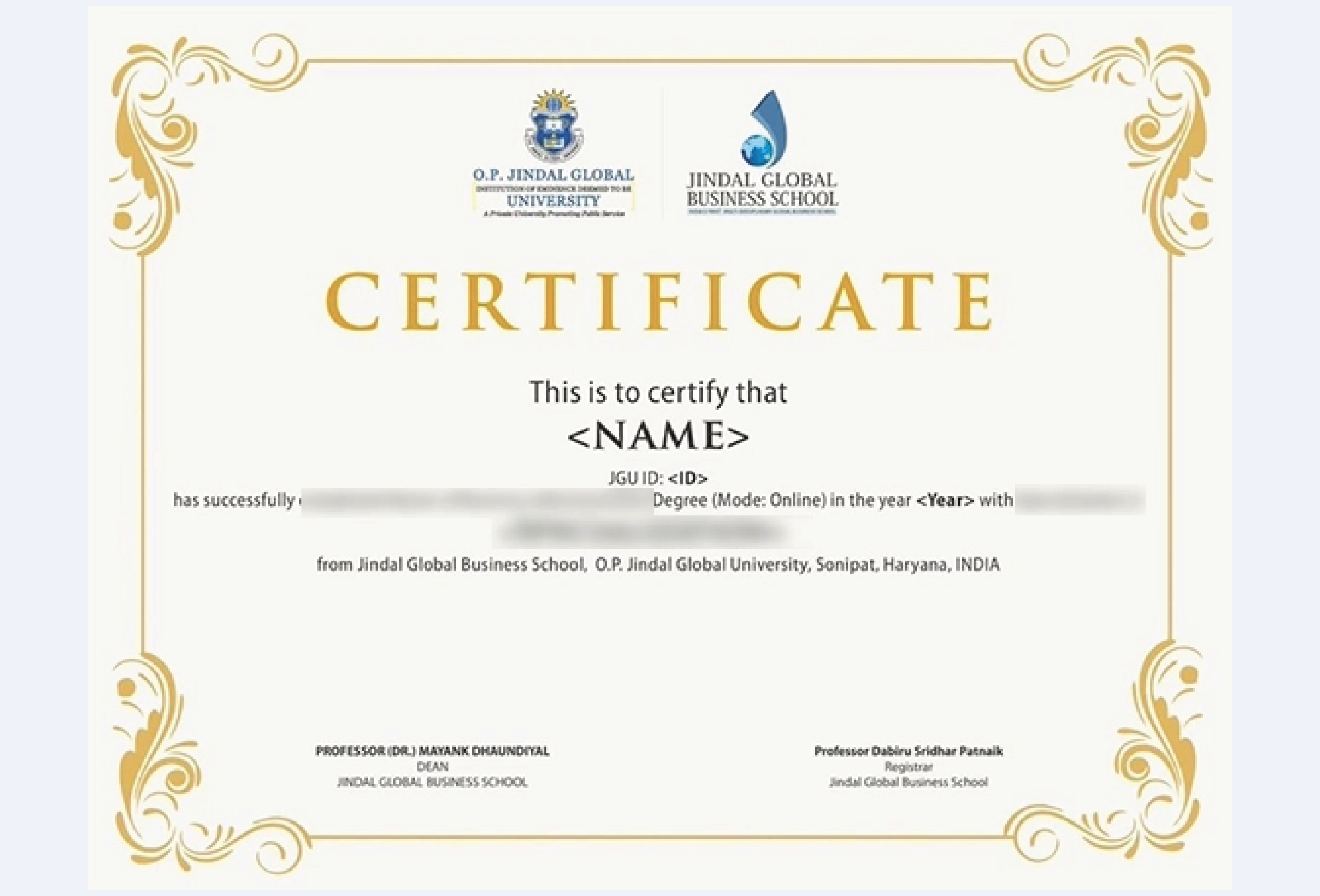 Official certificate image of JGU Online MBA in Human Resource Management with neat, formal design marking degree completion.